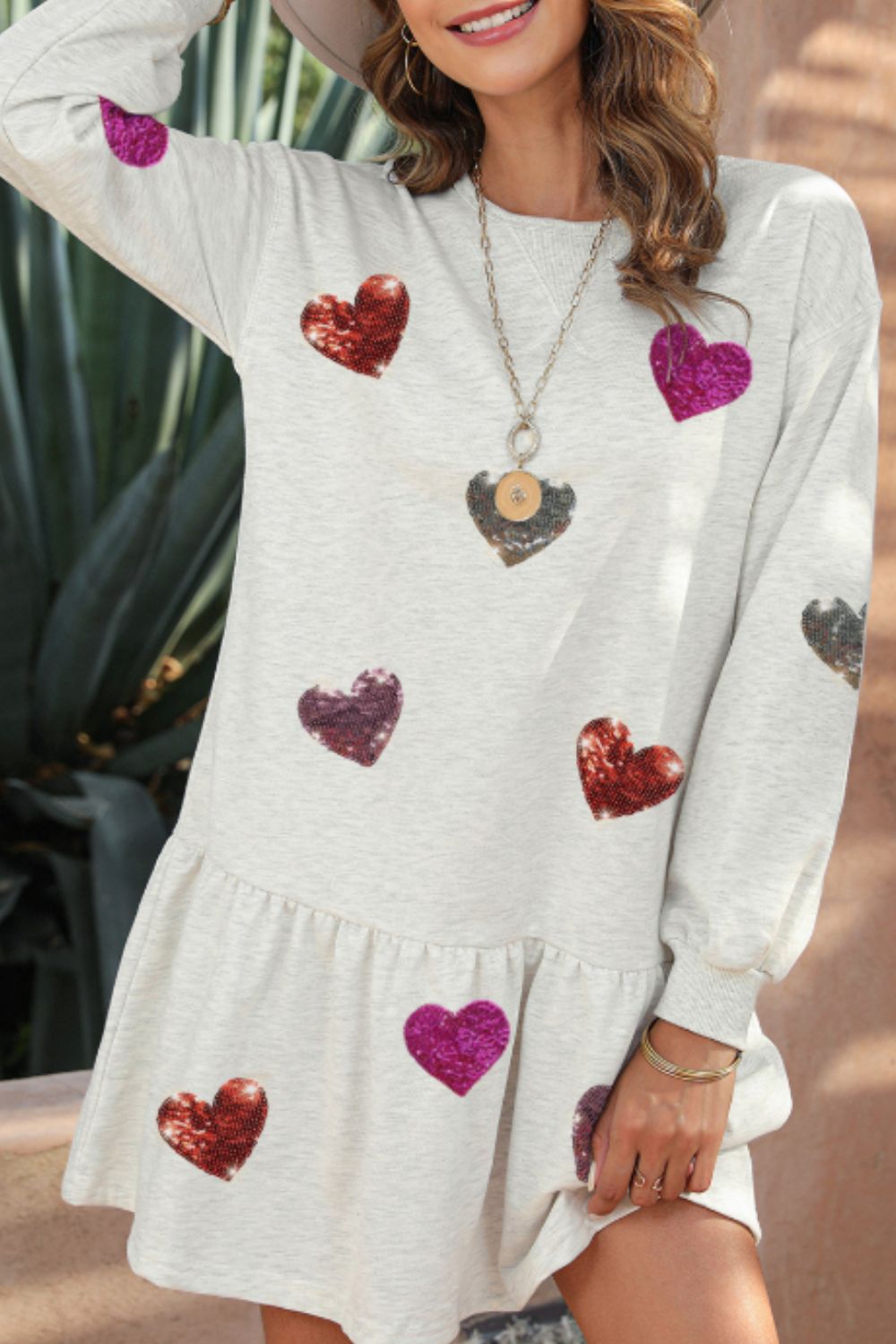 Cute Heart Round Neck Long Sleeve Mini Dress Stylish Dress for Women Girls Simple Charming Dress