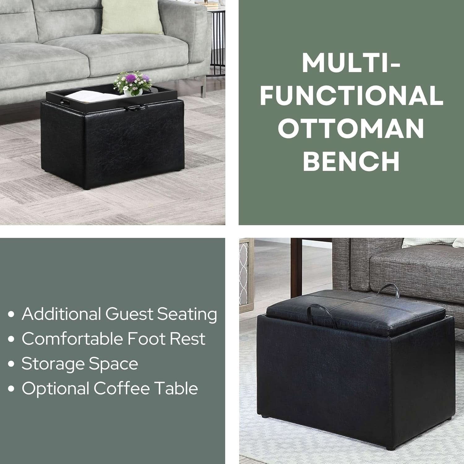 Accent Storage Ottoman 22 Point 75 Inches Charcoal Jet Black