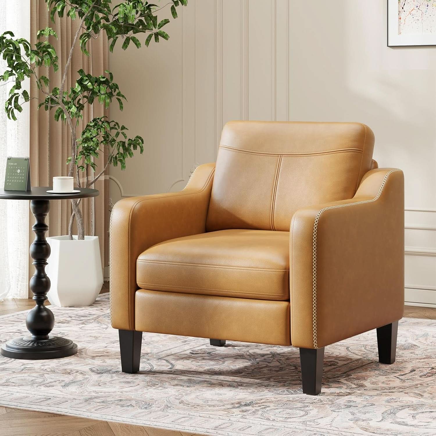 Brown PU Leather Mid Century Upholstered Armchairs
