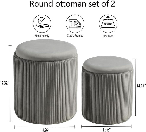 Round Velvet Storage Ottoman Collection Light Grey