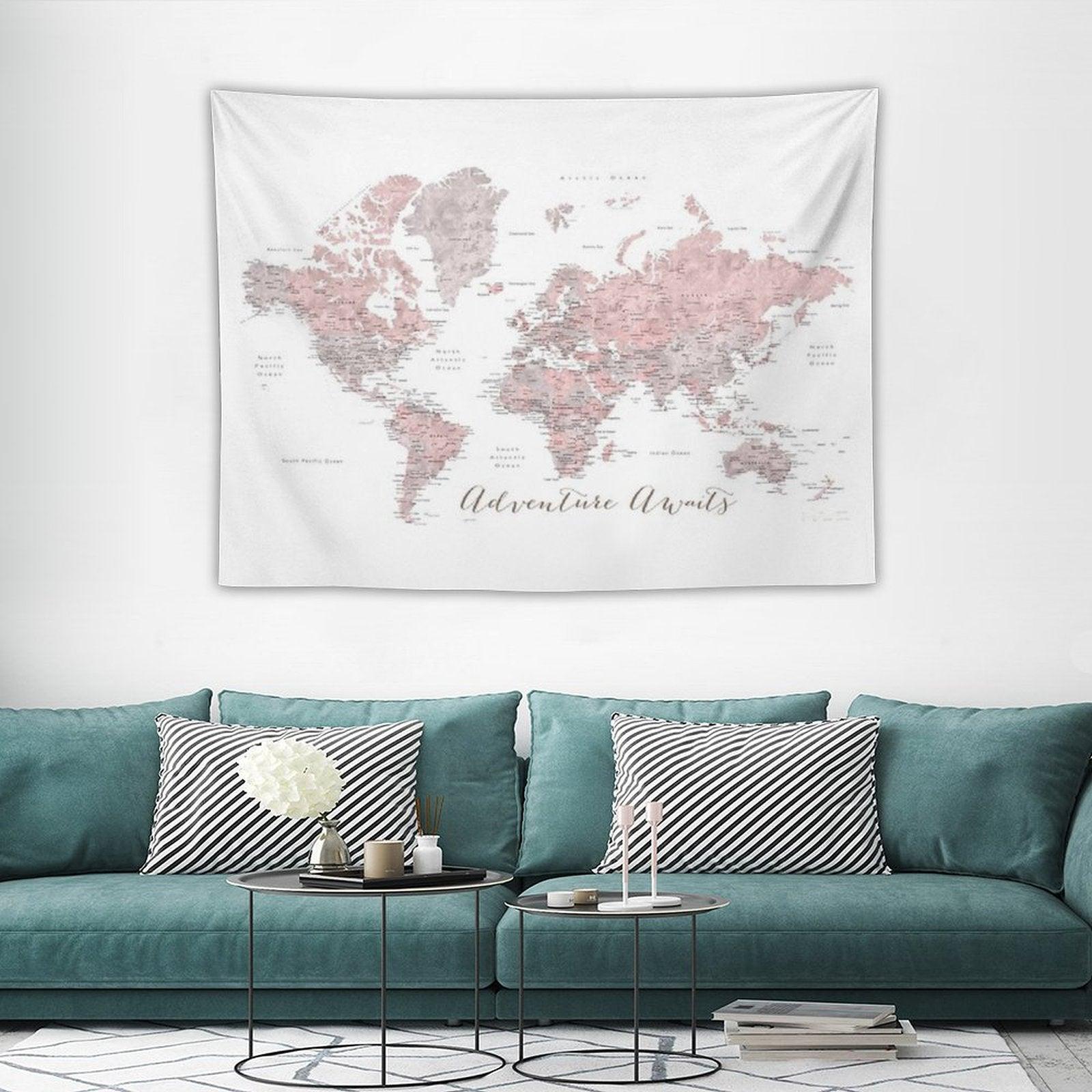 World Map Adventure Awaits in Dusty Pink And Grey Tapestry