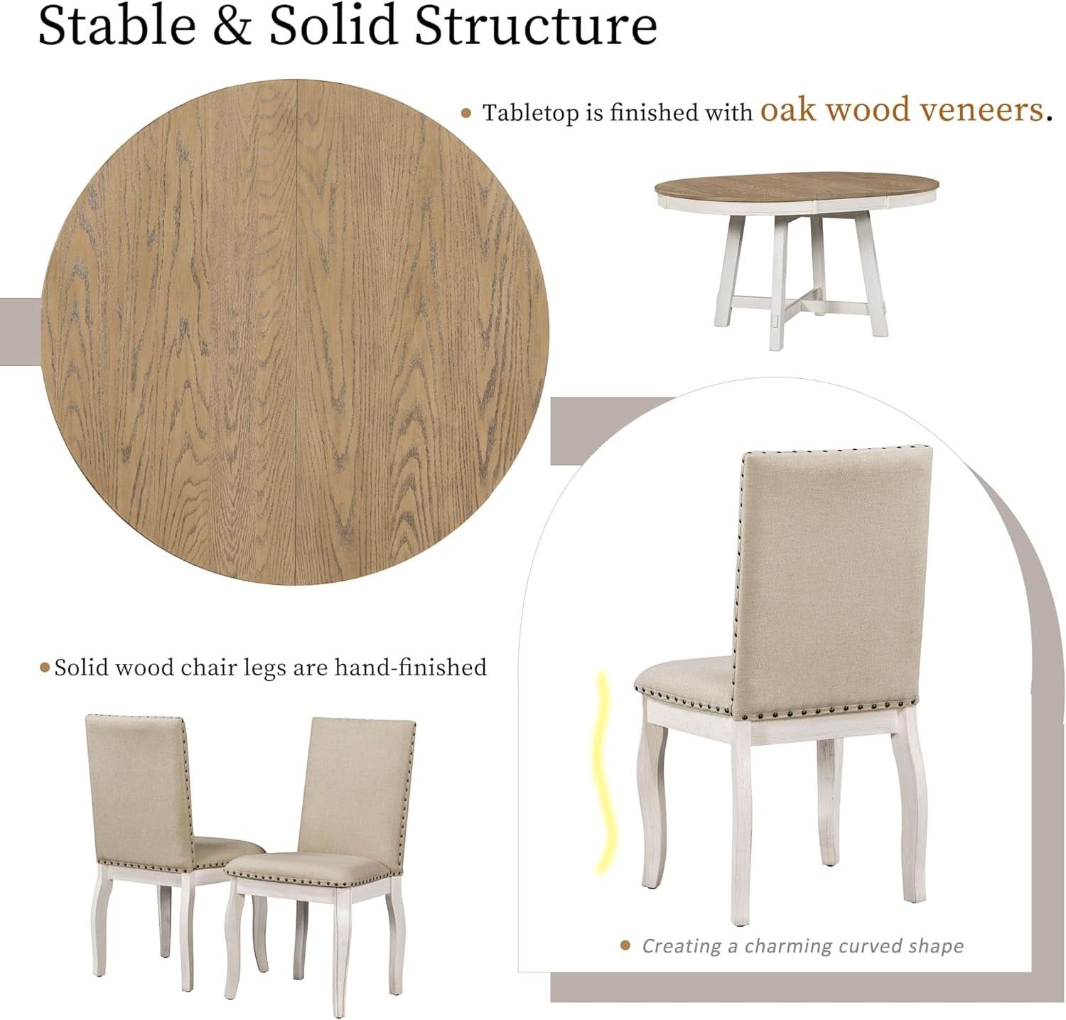 Farmhouse Round Extendable Dining Table Set Oak Finish with Upholstered Chairs