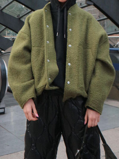 Autumn Casual Full Size Drop Shoulder Snap Down Jacket with Buttoned Front and Pockets