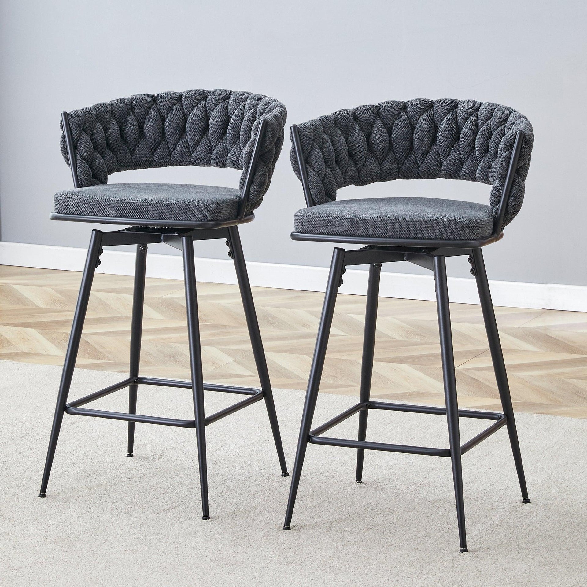 2 Set of Rotating Barstools With Breathable Cotton and Linen Soft Cushions