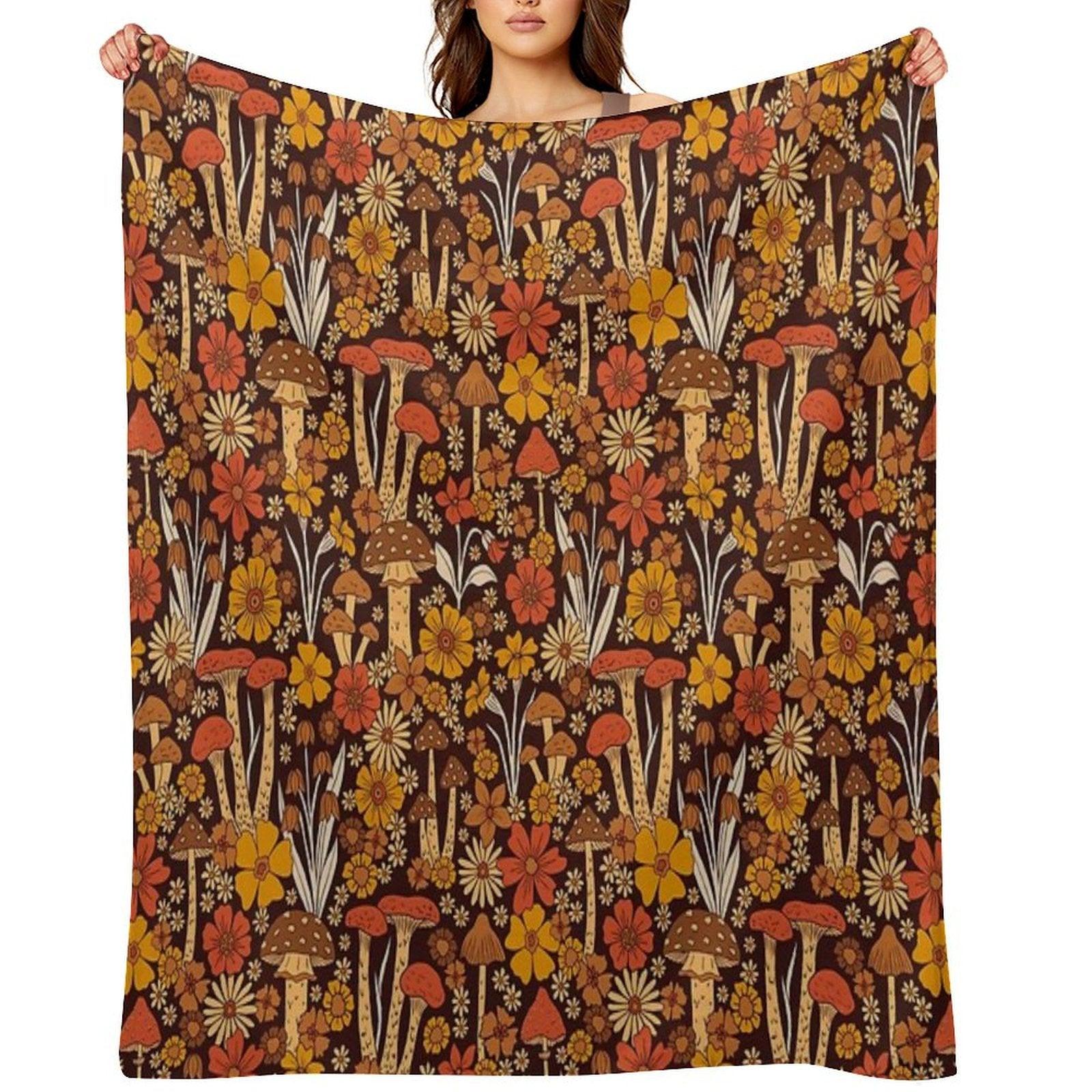 Retro 1970s Brown & Orange Mushrooms & Flowers Throw Blanket