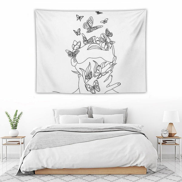 Abstract Face with Butterfly by One Line Drawing. Portrait Minimalistic Style.  Botanical Print. Nature Symbol of Cosmetics. Mod Tapestry