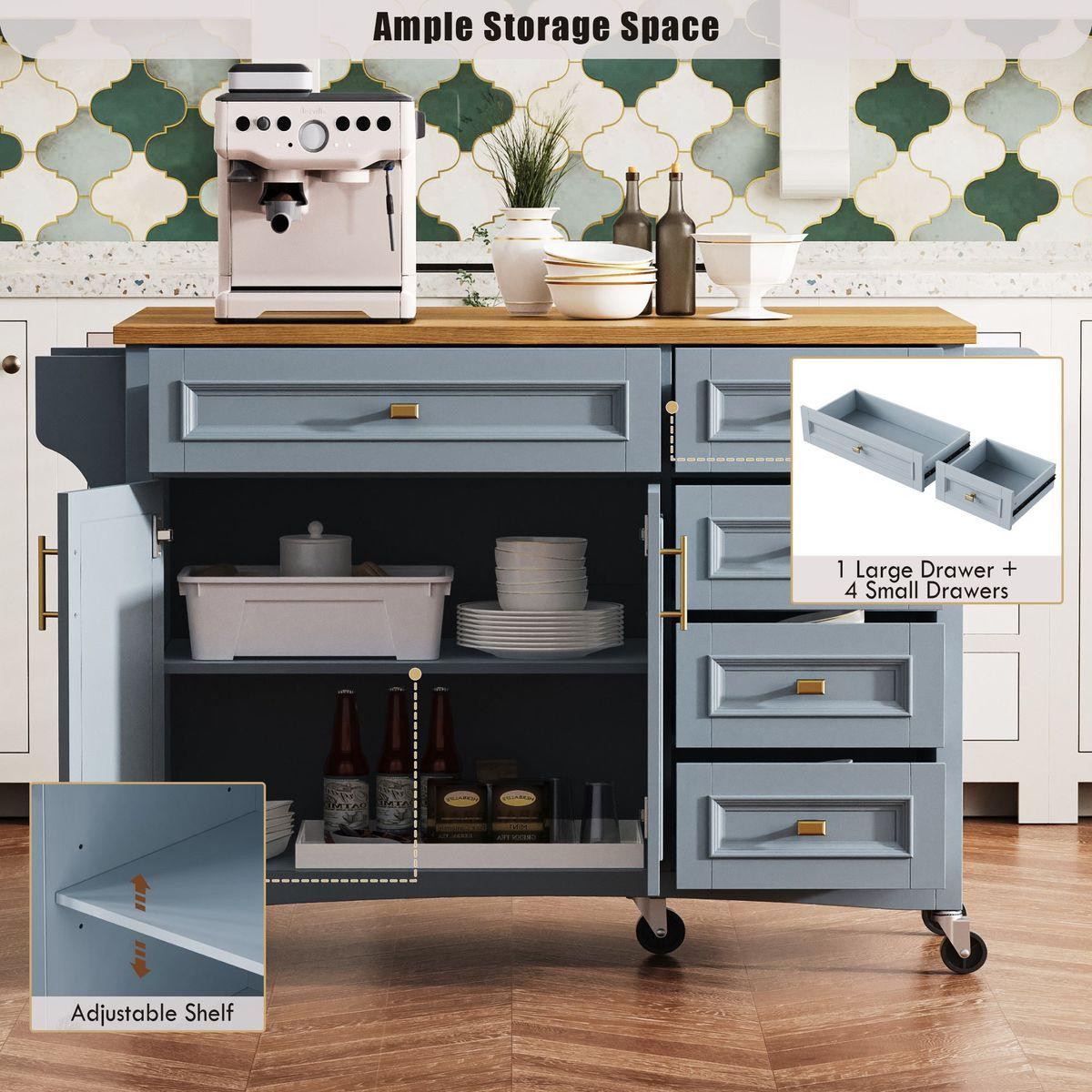 K&K 52'' Kitchen Island with Drop Leaf, Embossed Texture Kitchen Island on Wheels with Spice Rack, Towel Rack, 2 Doors and 5 Drawers, Kitchen Storage Cart with Adjustable Shelf for Kitchen, Blue Grey