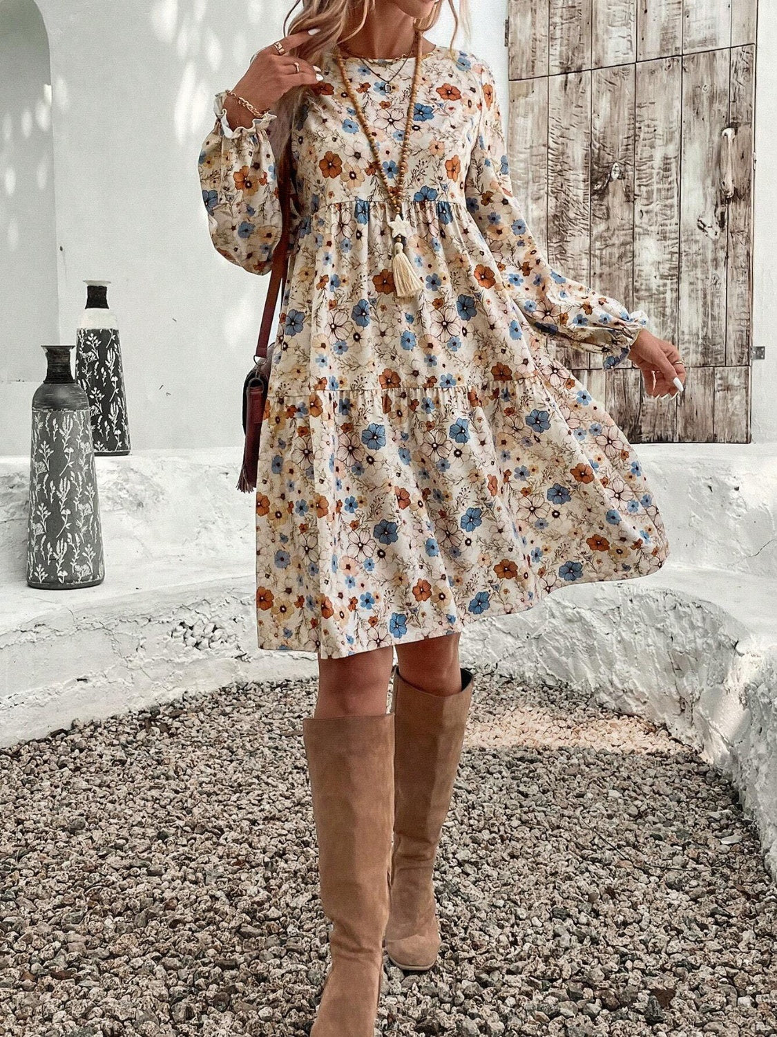 Tiered Floral Round Neck Long Sleeve Dress Elegant Summer Lightweight Breathable Dress