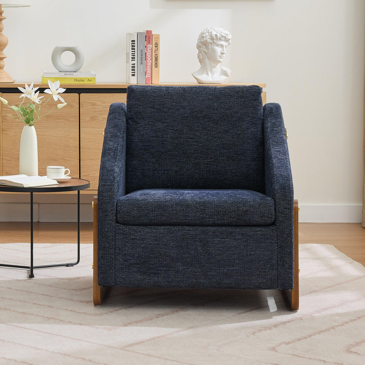 Modern Chenille Upholstered Armchair with Wooden Side Frame in Blue