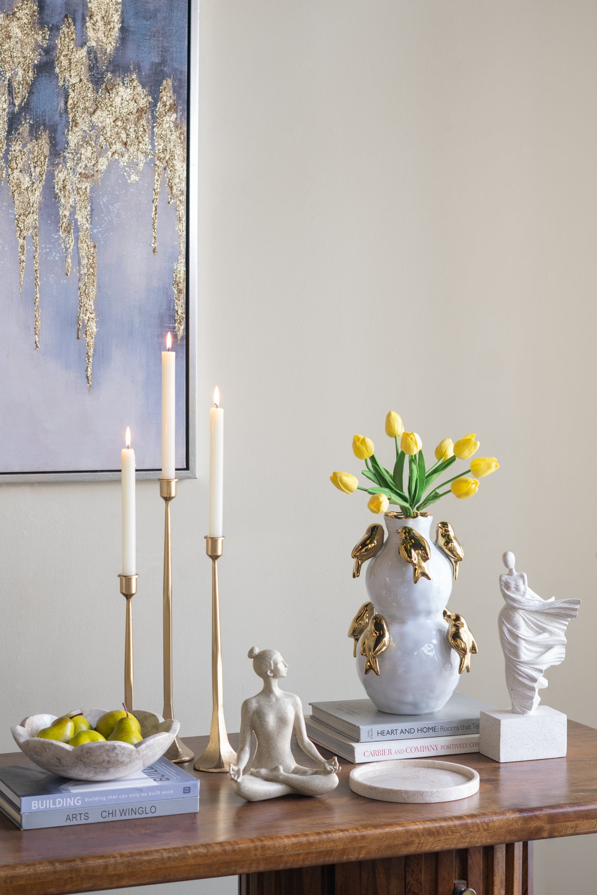 White Ceramic Vase with Gold Bird Accents