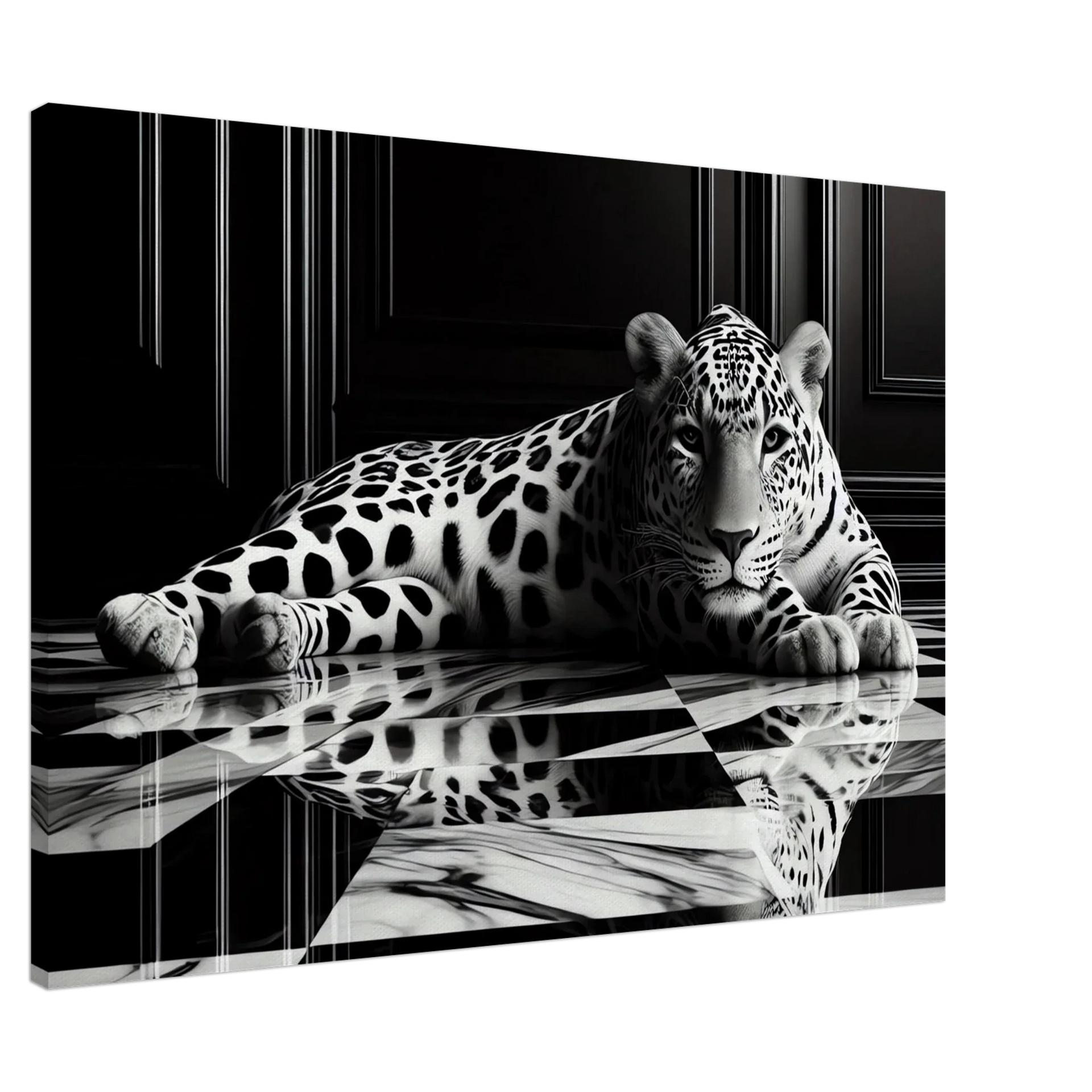 Leopard Canvas Art Print – Striking Design on Black & White Checkered Marble Floor