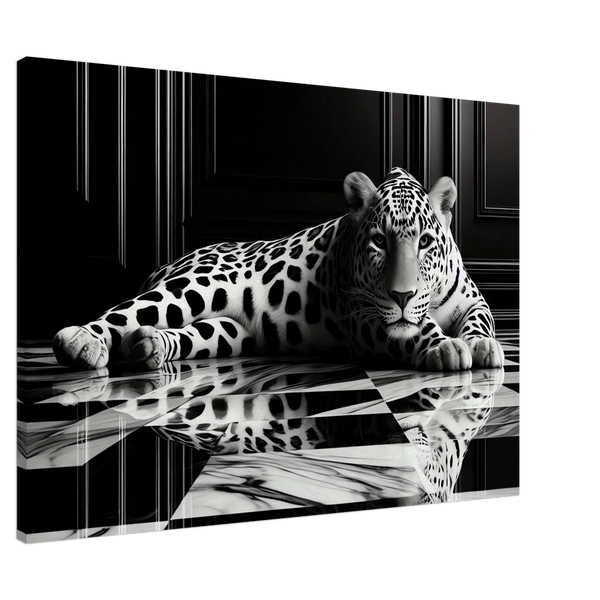 Leopard Canvas Art Print – Striking Design on Black & White Checkered Marble Floor