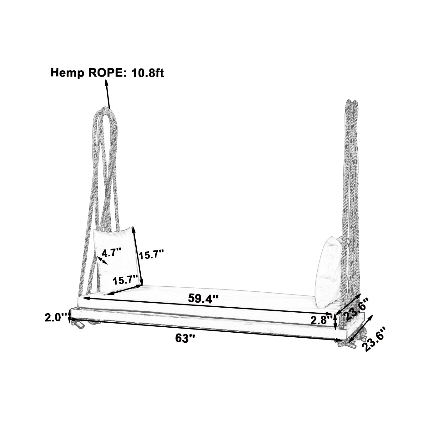 Patio Wooden Swing Chair Hanging Porch Swing Bench with Cushion & Pillows