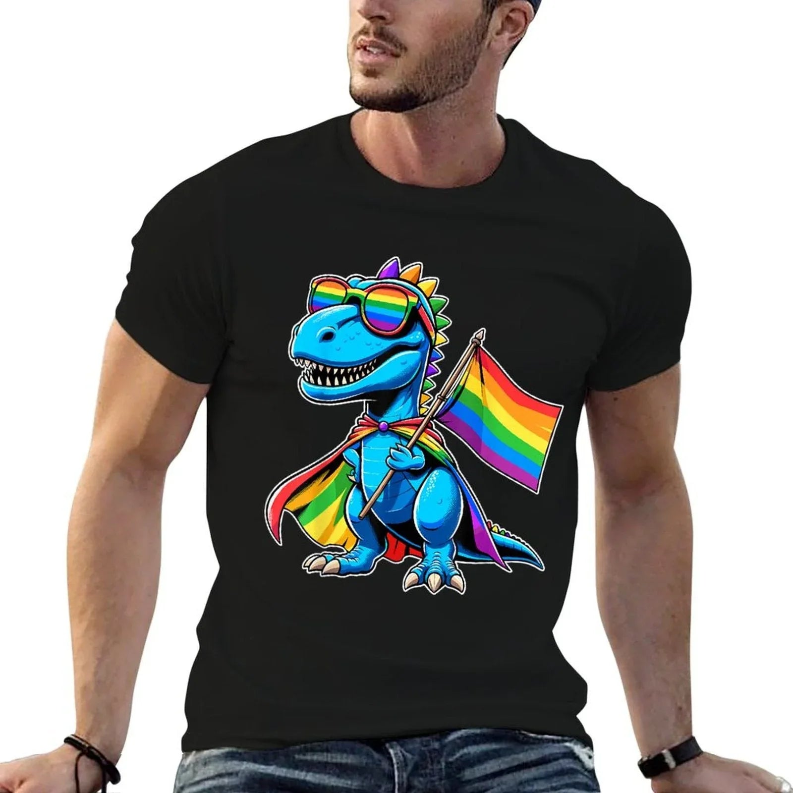 Dinosaur Gay Pride LGBT Rainbow  High-quality Stitching T-Shirt