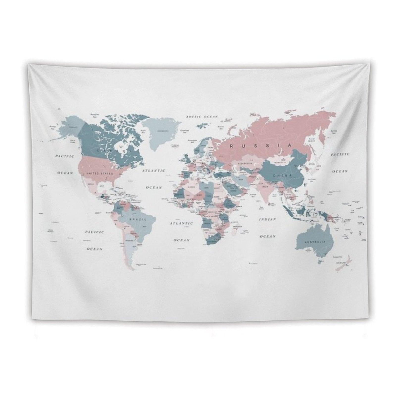 Map of The World in Pink And Blue Tapestry