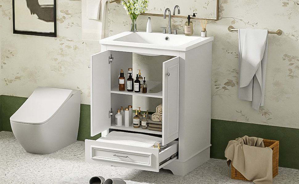 Bathroom Vanity with Ceramic Sink and Modern Freestanding Storage Cabinet, Soft-Close Doors