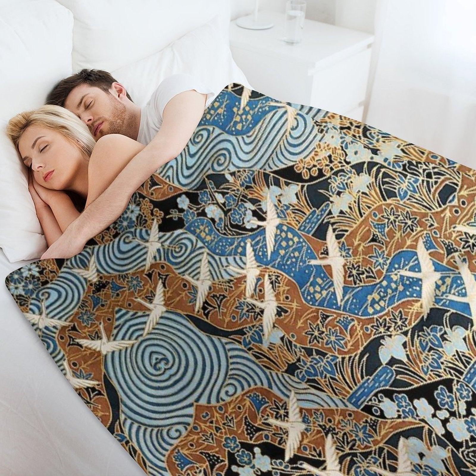 FLYING WHITE CRANES ON BLUE WATER AND SPRING FLOWERS  Antique Japanese Floral Throw Blanket