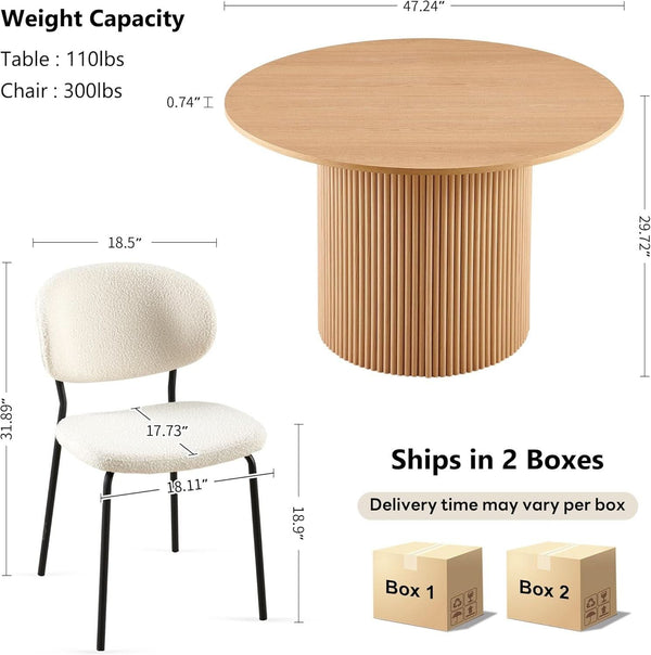 47 Inch Round Dining Table Set Beige Oak Boucle Padded Seating