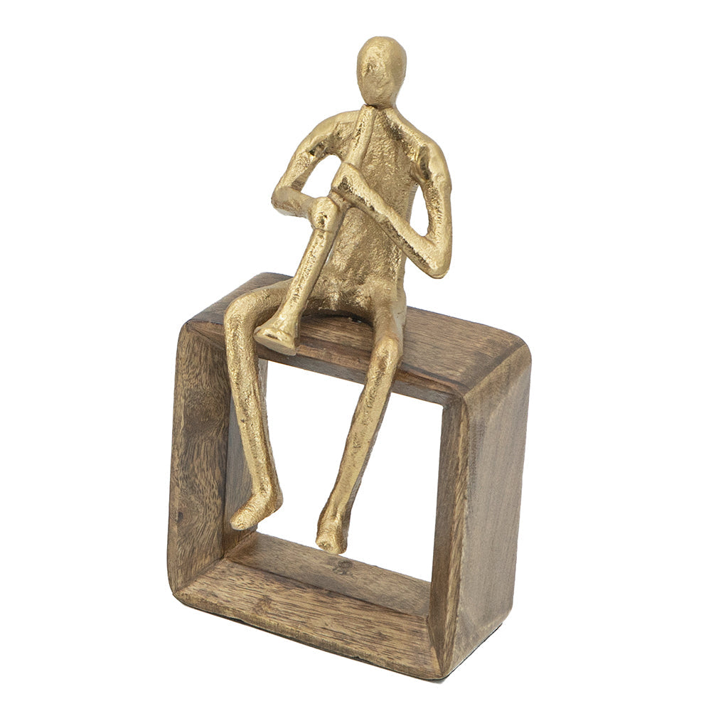 Musician Figure Sculpture with Mango Wood Base Decorative Tabletop Accent