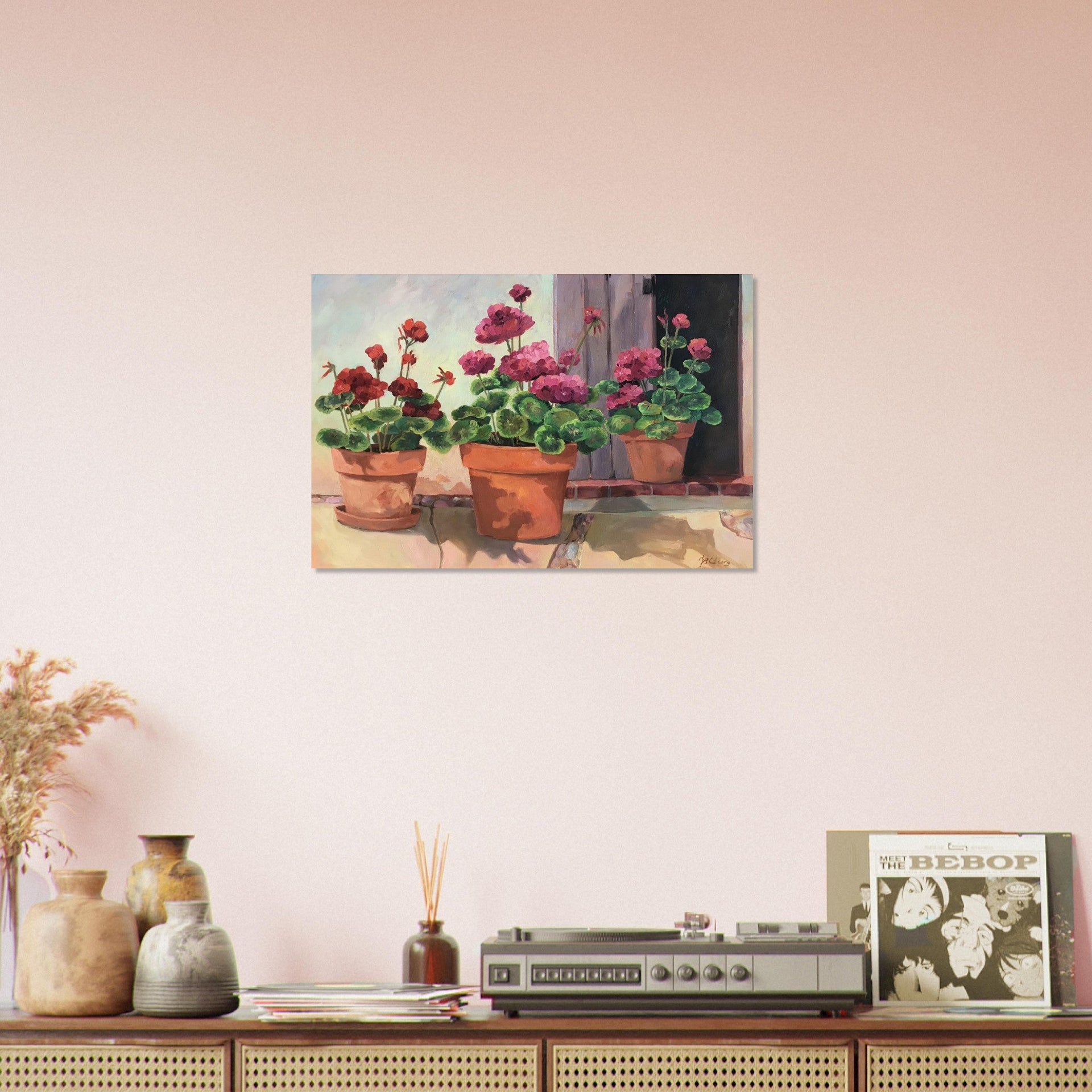 'Potted Red Geraniums Series 2' Floral I 16x24 Museum-Quality Matte Paper Poster I Original Artwork by American Artist Barbara Cleary