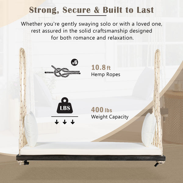 Patio Wooden Swing Chair Hanging Porch Swing Bench with Cushion & Pillows