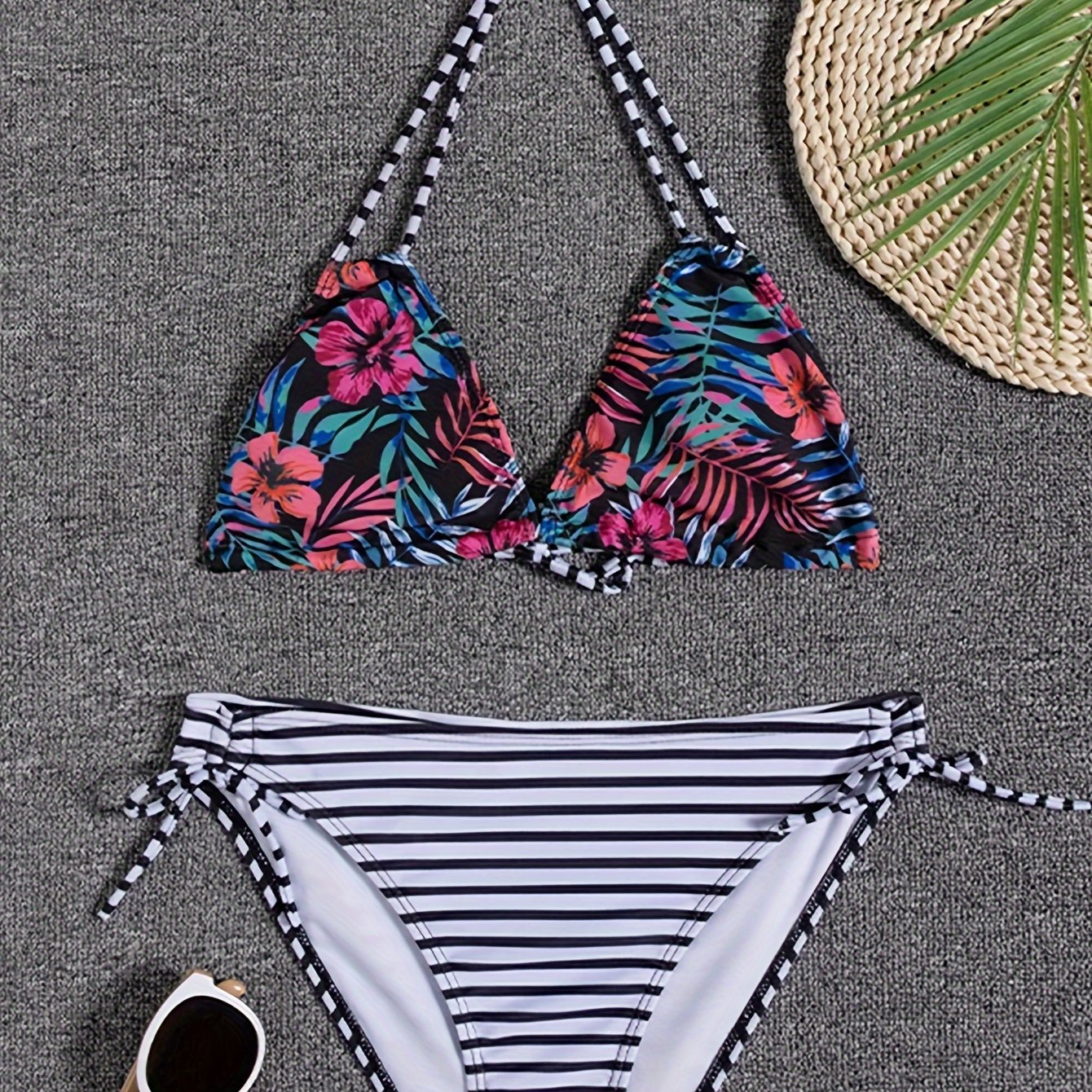 Sunset Bloom 2-Piece Triangle Bikini Set for Women – Vibrant Random Floral Print Halter Neck Swimsuit with Tie-Back Tie-Side Bottoms & High Cut Legs – Women's High-Stretch Swimwear for Summer Beach Escapes