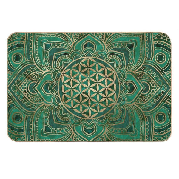 Flower of Life in Lotus - Malachite And Gold Bath Mat