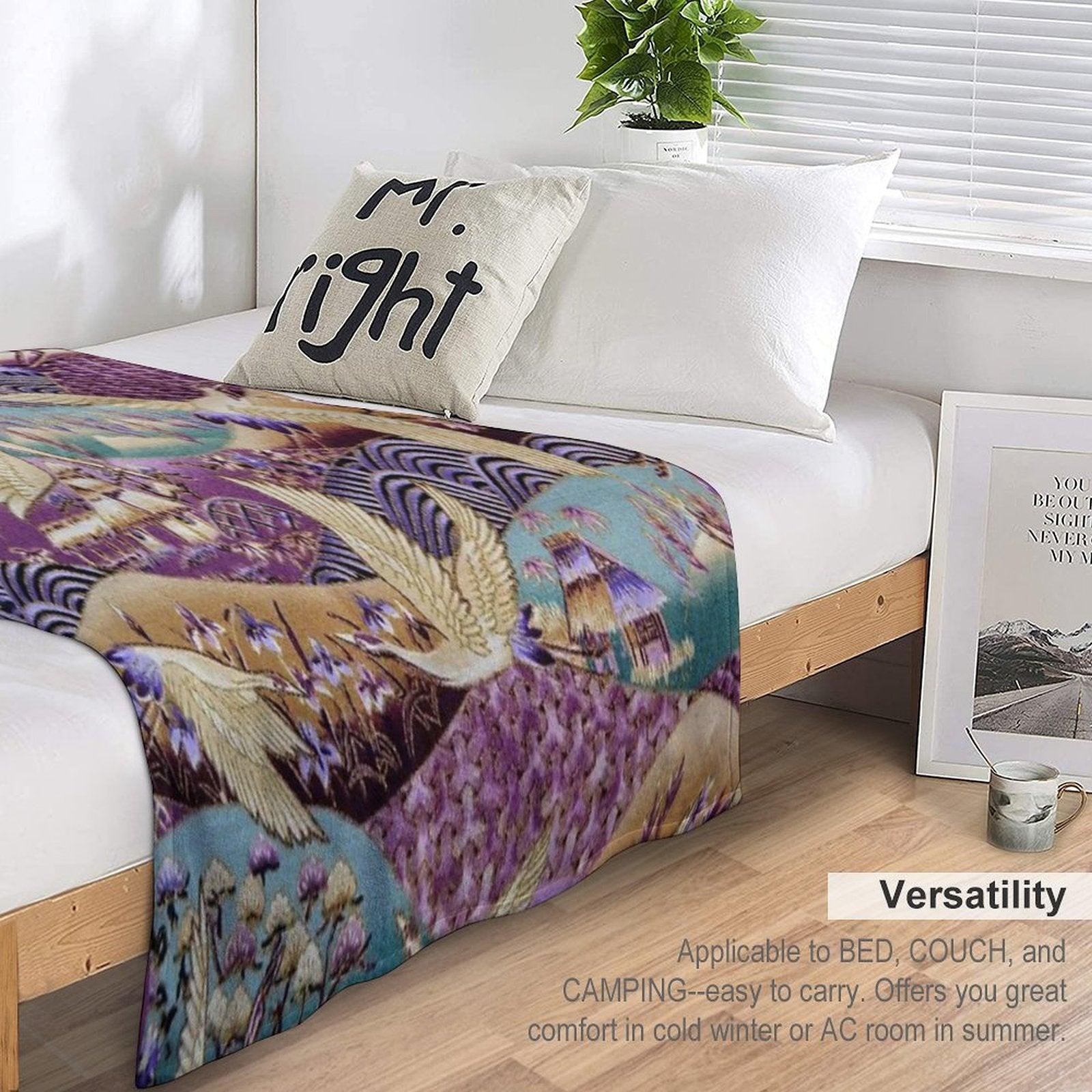 Japanese Crane Kimono Style Embroidered Pattern Throw Blanket