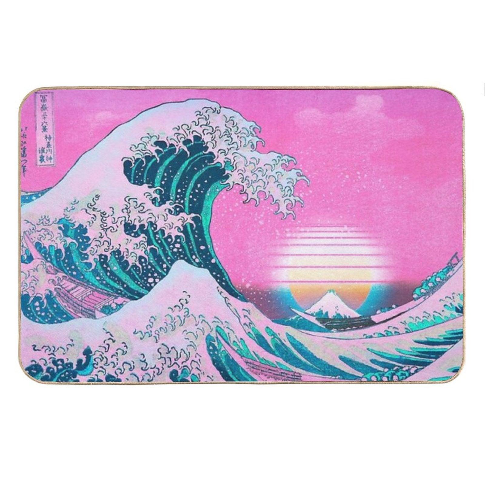 Vaporwave Aesthetic Great Wave Off Kanagawa Retro Sunset Bath Mat