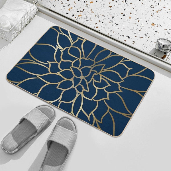 Floral Modern Print Art, Navy Blue And Gold Bath Mat