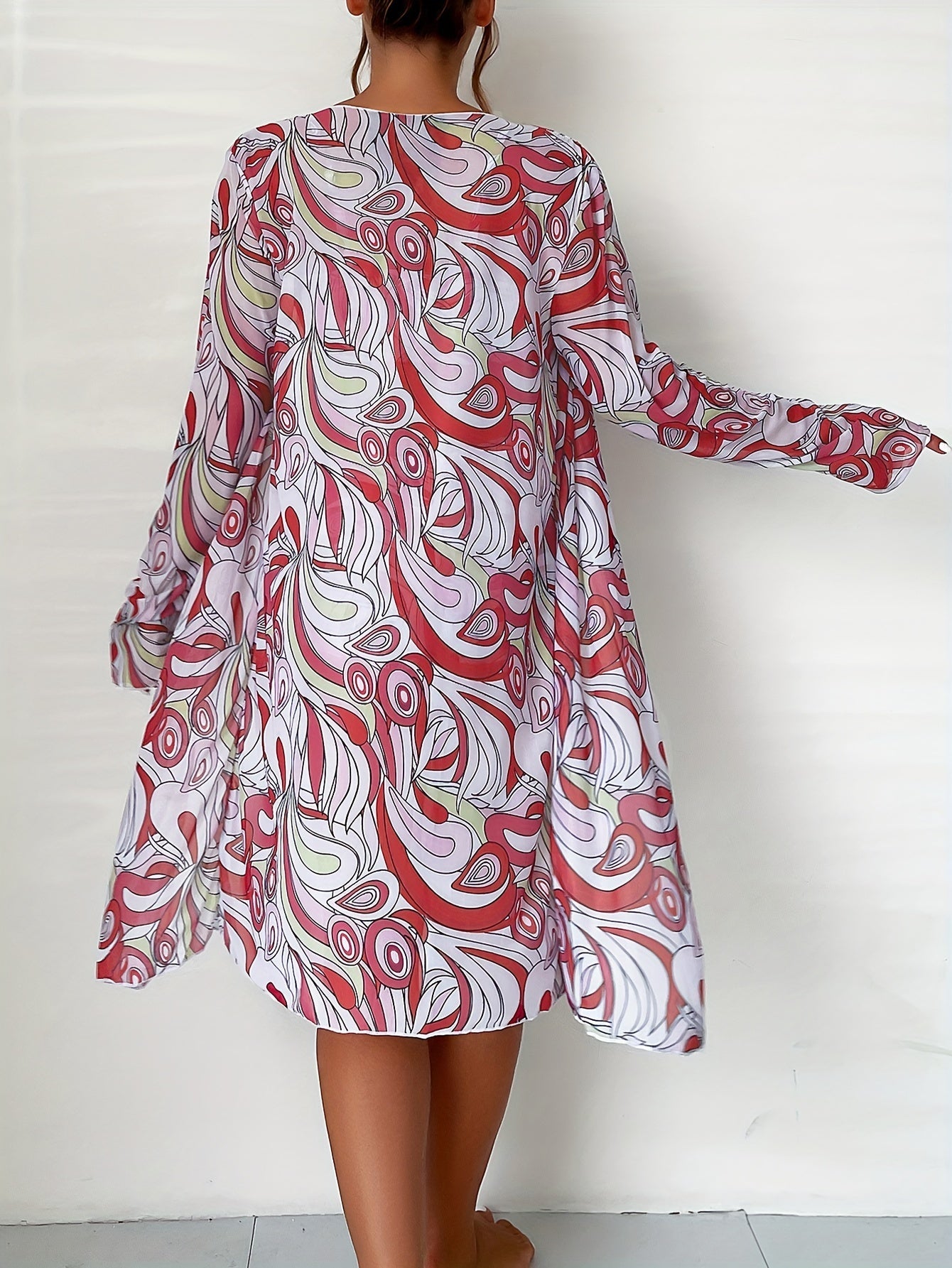 Modern Geo 3-Piece Bikini Set – Vibrant Geometric Print Fluttering Swimwear with V-Neck Top Boxer Shorts Bottoms and Long Sleeve Cover Shirt – Comfortable High-Stretch Women’s Beachwear for Pool & Summer Vacations