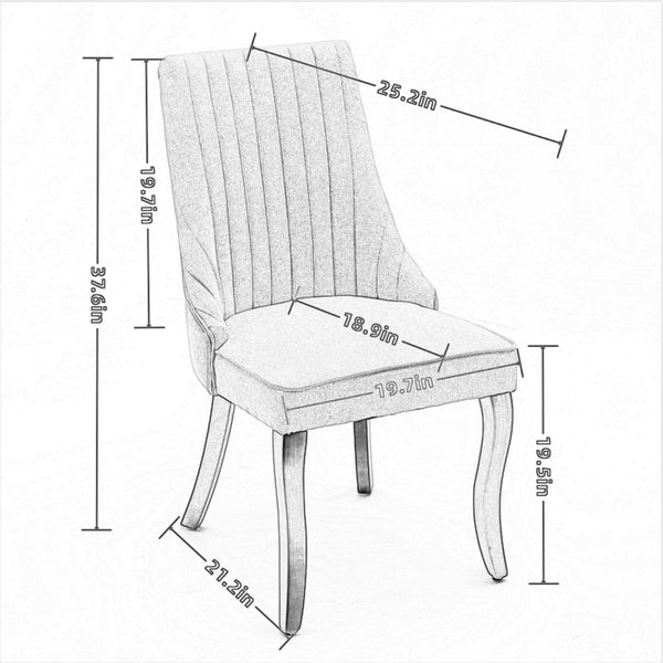 Dimension diagram of the Set of 2 Rayon Cloth Flocking Linen Dining Chairs with labeled measurements for height, width, and depth.