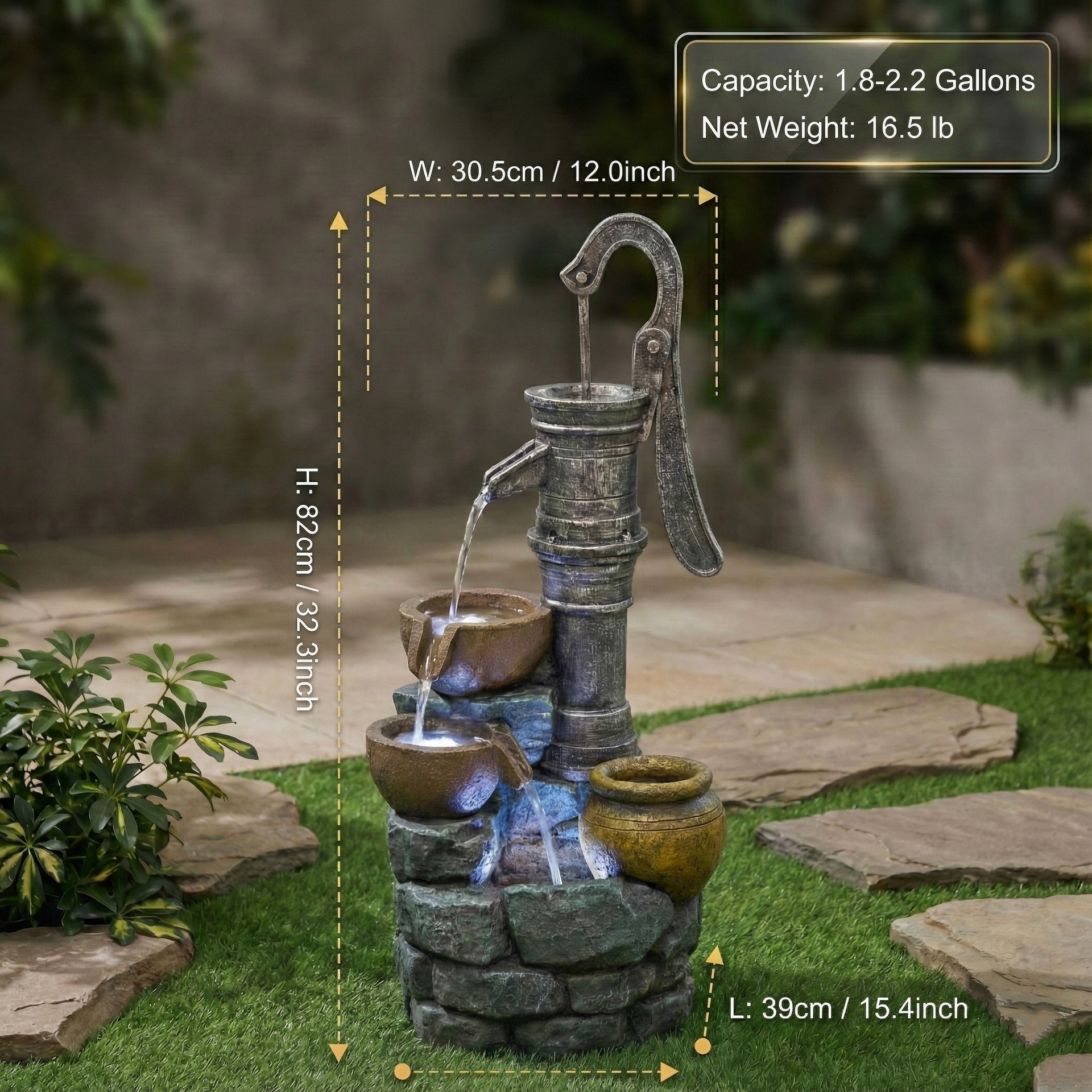 Resin Hand Pump Cascading Outdoor Fountain 32 Inch