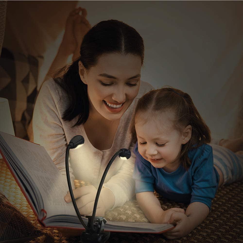 Super Adjustable Goosenecks Clip LED Lamp For Book Reading With Stand And Double Ligh  Rechargeable 12 LED Warm Book Light, Clip On Bed Reading Light, Music Stand Lamp, 2 Brightness & 2 Goosenecks Light Up 2 Full Pages. Perfect For Bookworms, Kids & Music