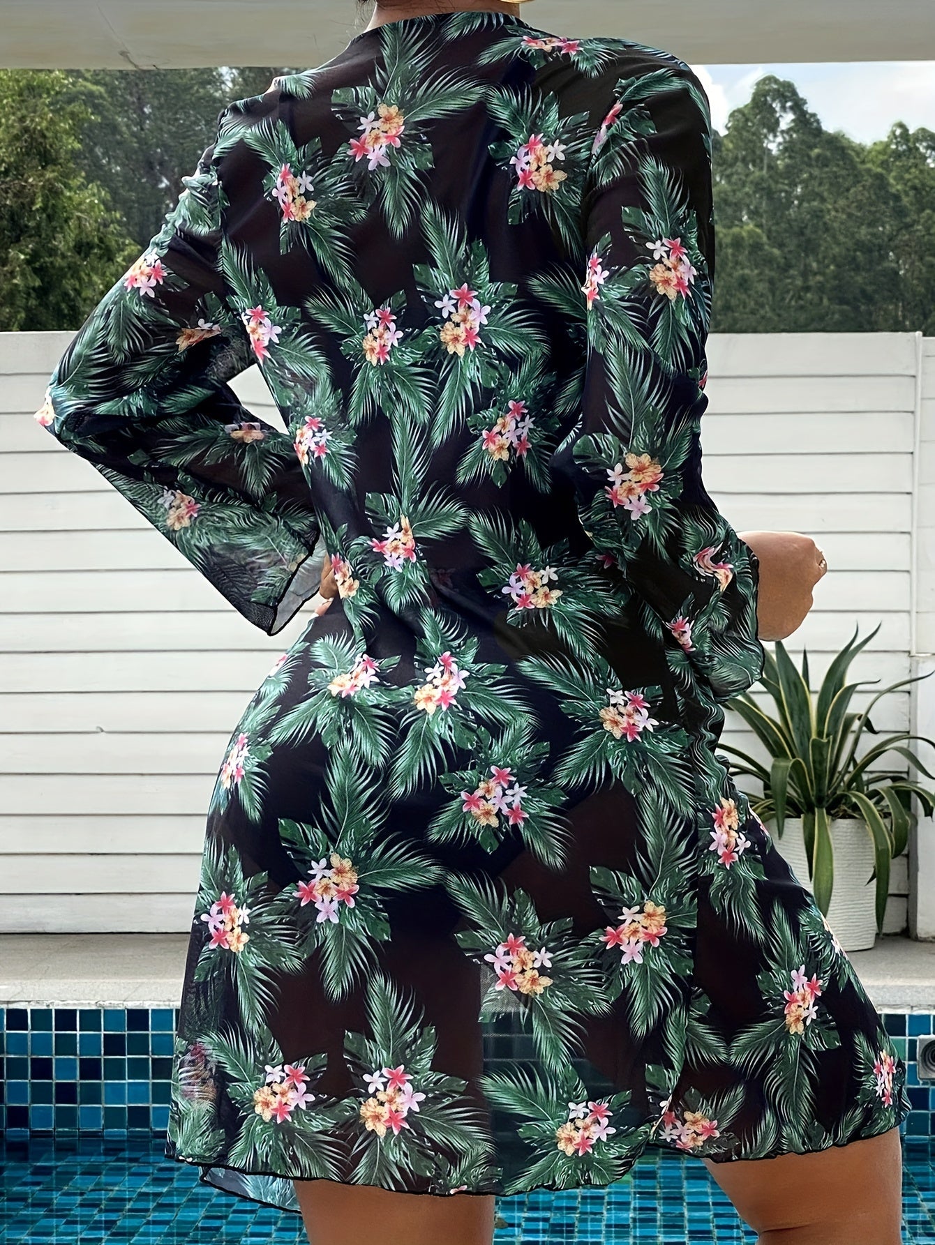 Bikini 3 Piece Tropical Print Swimsuit Set – High Stretch Comfortable Women's Bikini with Crew Neck Mesh Cover-Up – Chic Vacation Beachwear for Summer Casual Style & Poolside Glamour