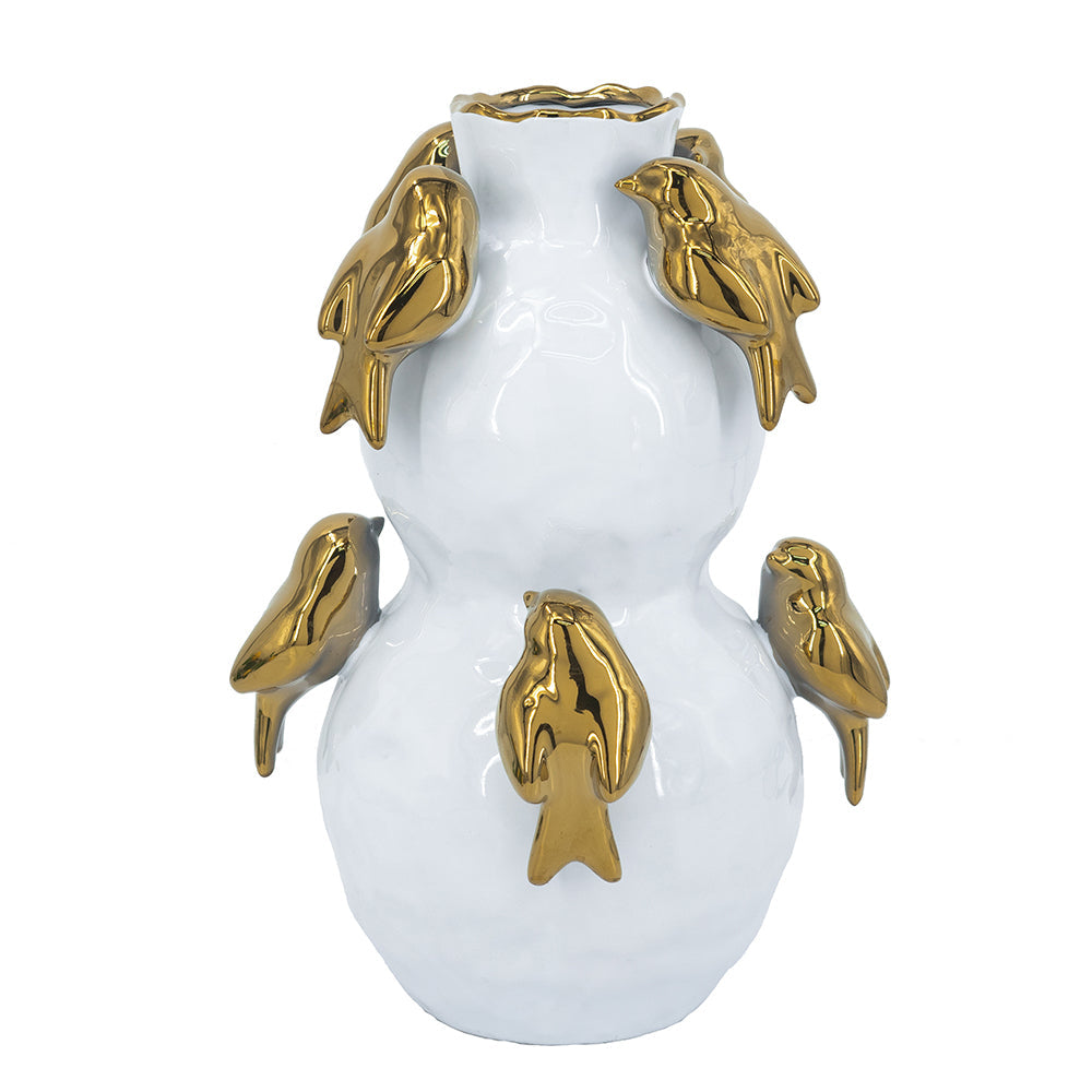 White Ceramic Vase with Gold Bird Accents