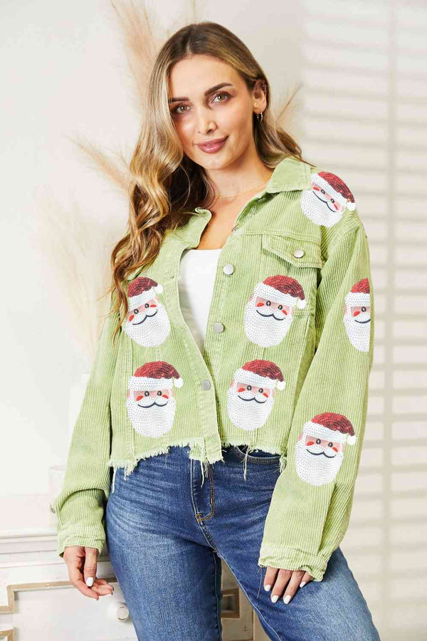 Red Santa Sequin Raw Hem Jacket Festive Buttoned Jacket Charming Winter Women Jacket