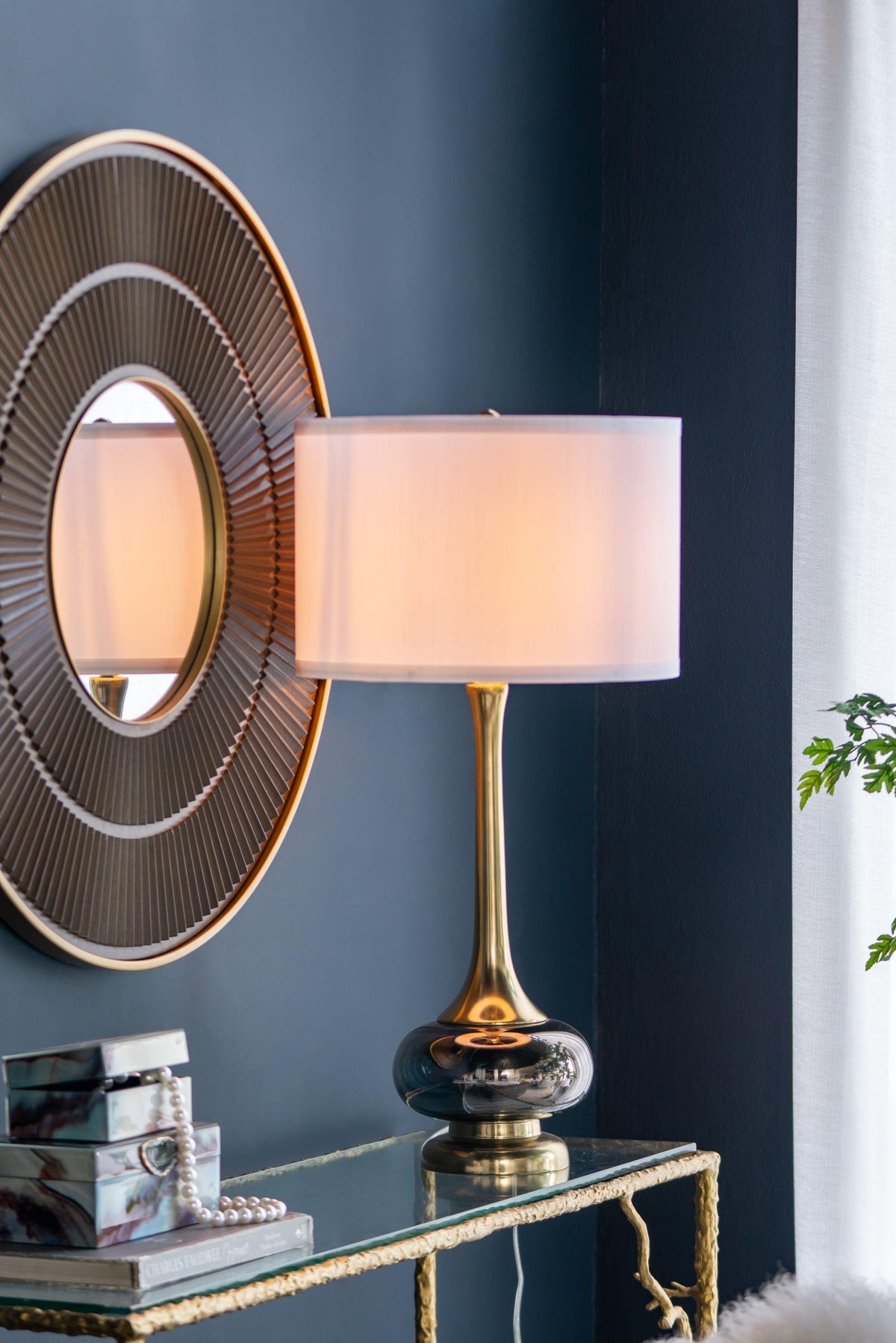 Modern Glass Table Lamp with Gold Accents & White Drum Shade