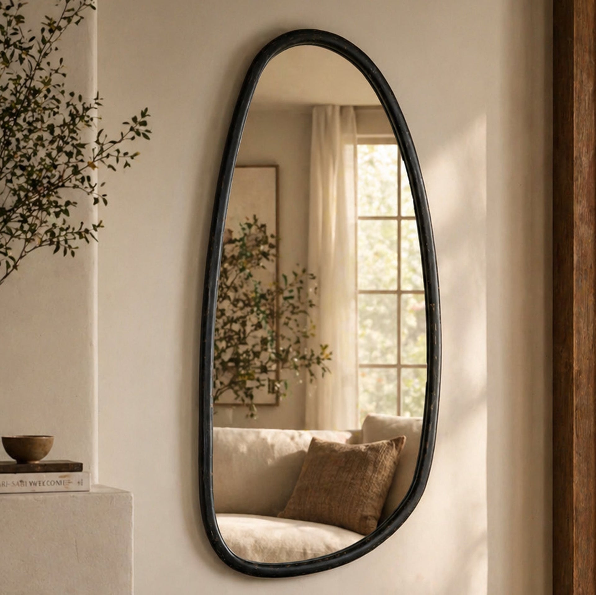 Wall Mirror with Blackwash Mango Wood Frame, Black, 28x60
