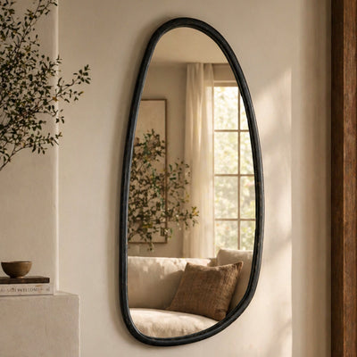 Wall Mirror with Blackwash Mango Wood Frame, Black, 28x60