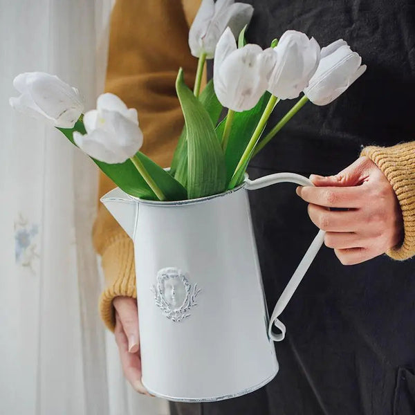 Vintage Style Rustic White Metal Flower Pitcher Vase VagabondVintage