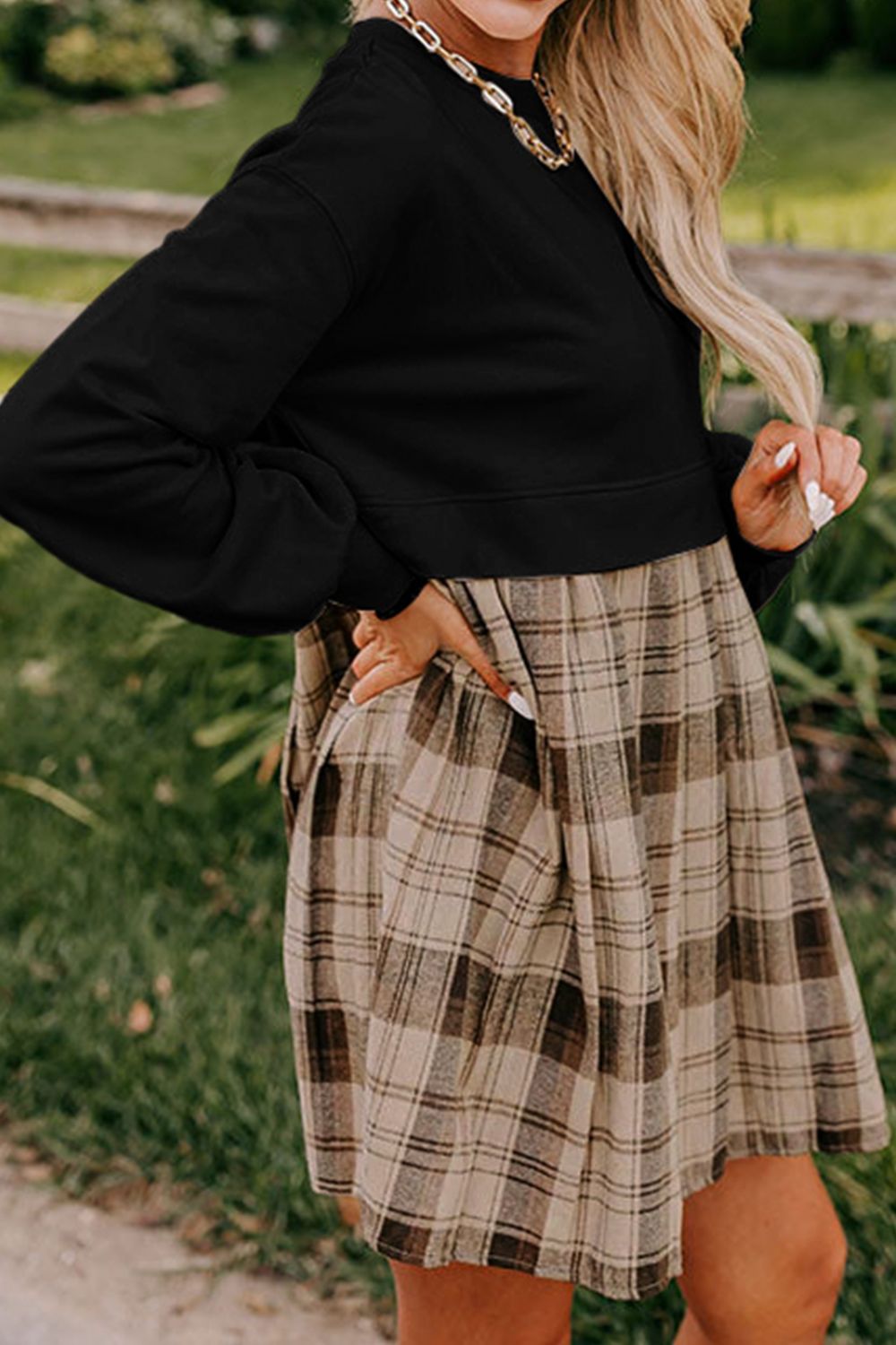 Vintage Plaid Round Neck Long Sleeve Mini Dress Cozy & Stylish Dress Retro Design Dress For Party