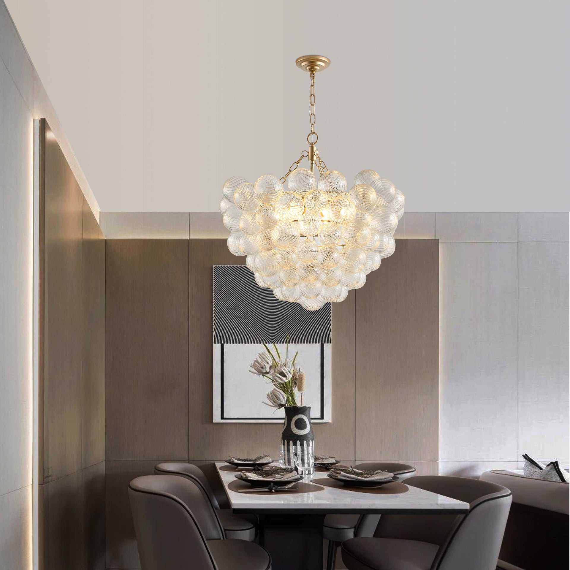 Gold Pendant Chandelier with Threaded Clear Glass Globe Shade for Living, Dining & Kitchen