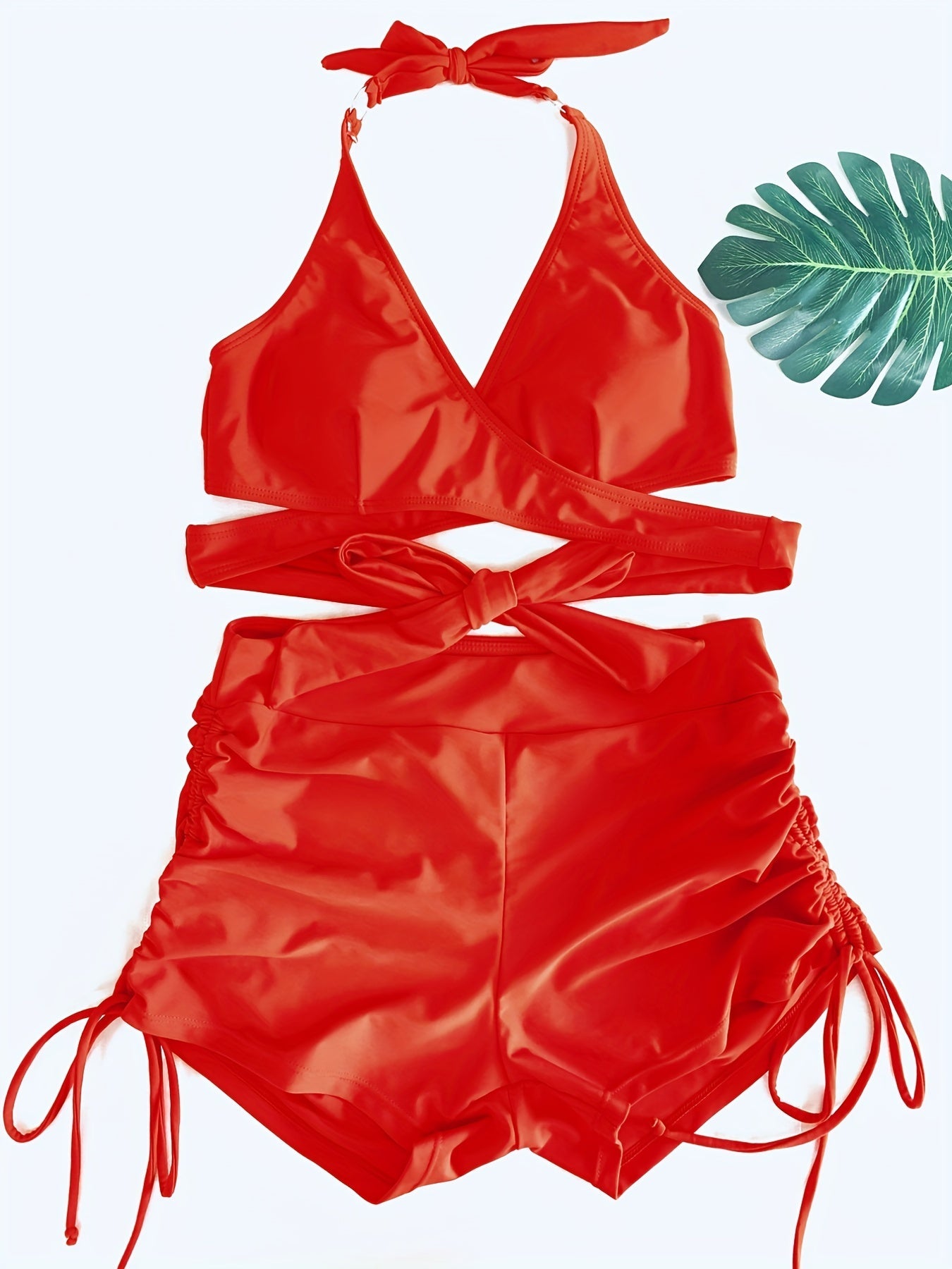 Coastal Curve Halter Bikini Set for Women – V-Neck Crisscross Drawstring Swimsuit with Chic Ring Detail & High-Waisted Boxer Shorts for Summer – Sleek Two-Piece Nylon Swimwear for Women’s Beach & Poolside Style