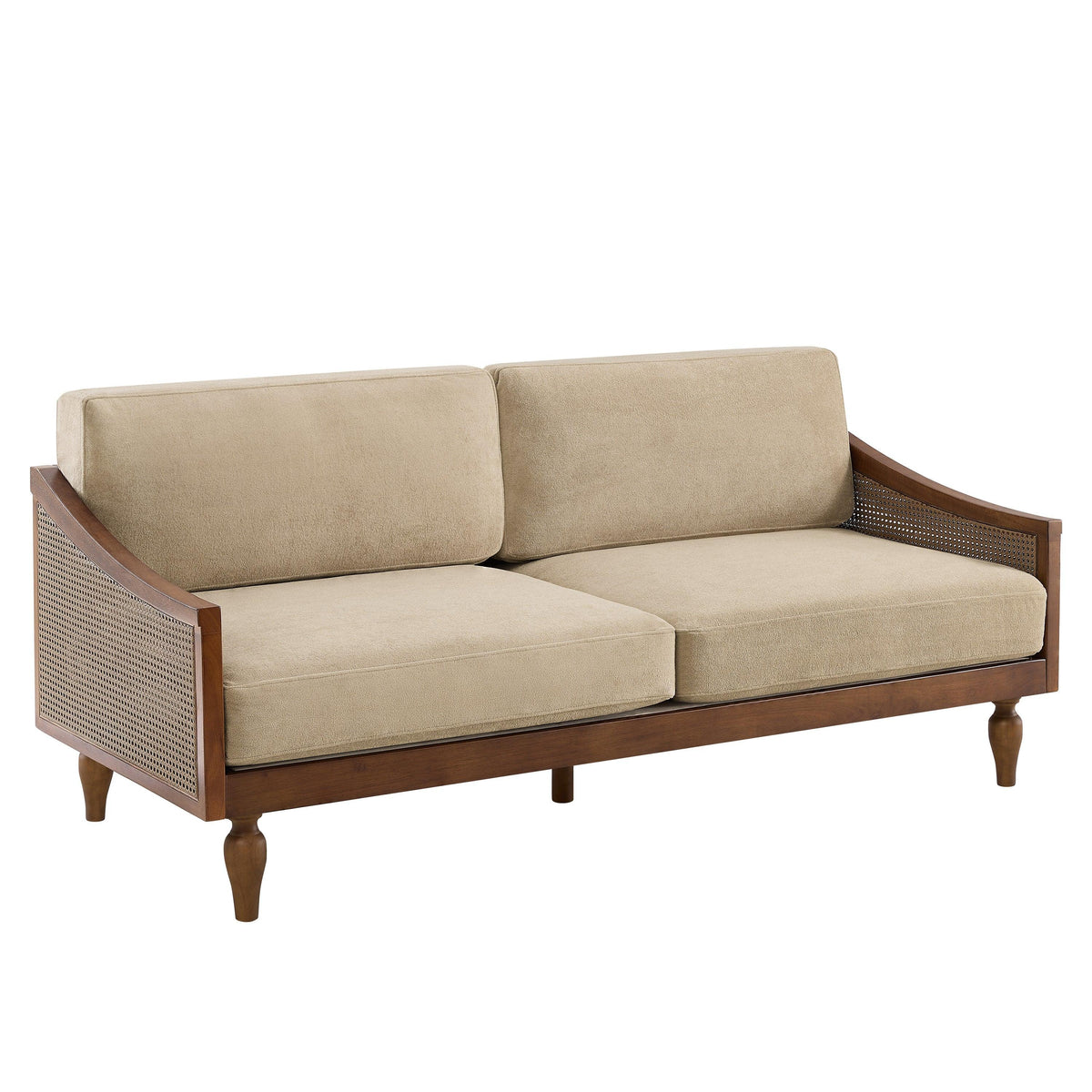 Modern Light Brown Chenille 3-Seater Sofa with Solid Wood Frame & Rattan Arms
