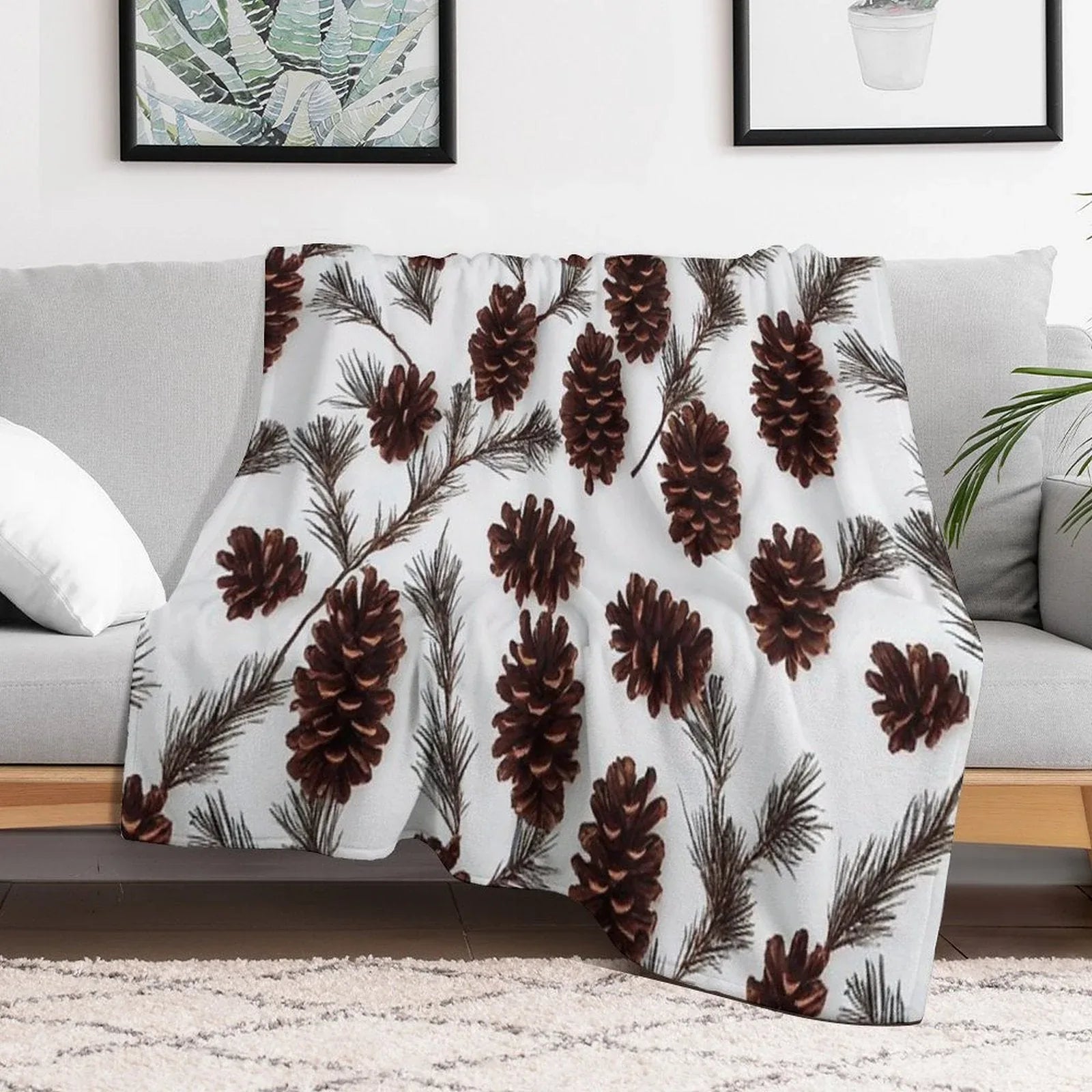 Pine Cones Festive Background with Fir Branch, Seamless Pattern. Throw Blanket