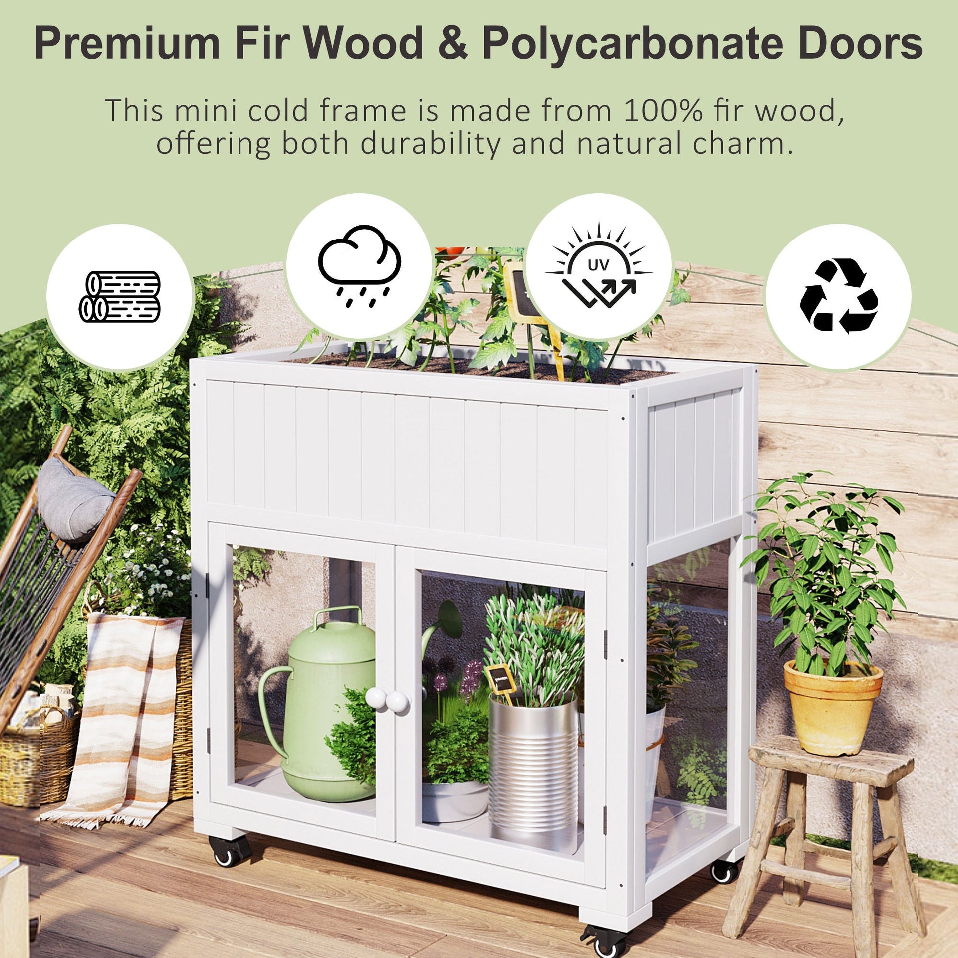 Patio 35.4''x17.7''x37.4'' Mini Wood Cold Frame, Compact 2 Doors Garden Greenhouse with Wheels, Raised Bed with Liner for Indoor Outdoor Use, White