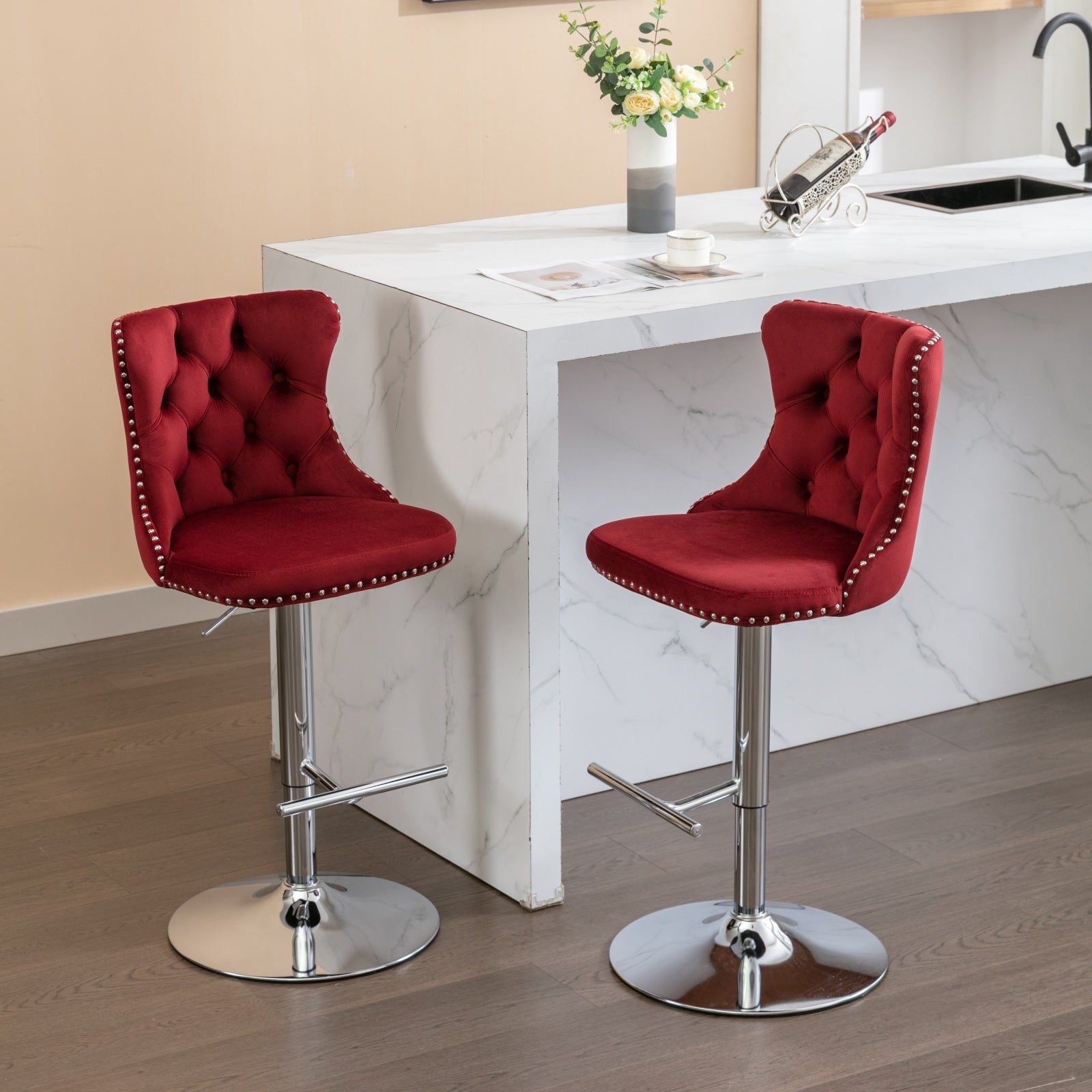 Modern Velvet Swivel Barstools with Adjustable Seat Height and Chrome Base