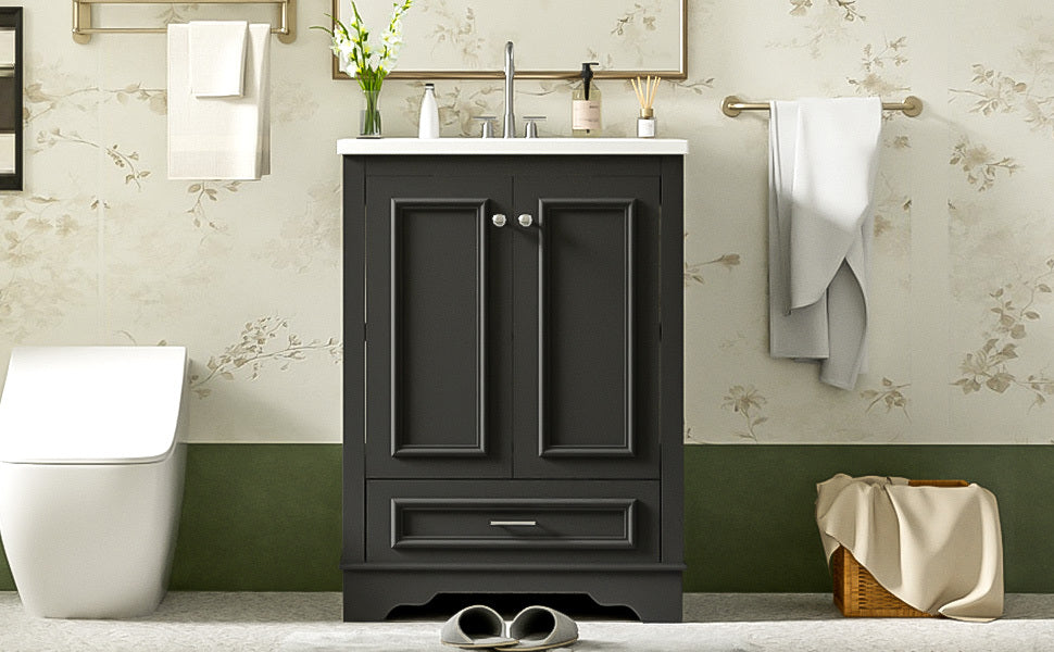 Bathroom Vanity with Ceramic Sink and Modern Freestanding Storage Cabinet, Soft-Close Doors