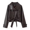 Trendy Wild Two-color Double Breasted Short Lace Up Leather Coat - Dark Brown / S